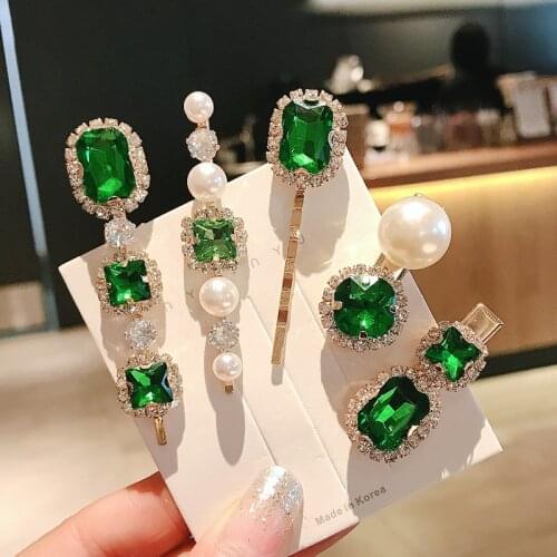 Women Barrette Imitation Gemstone Emerald Barrettes Luxury Hair Pins Clips Crystal Rhinestone Pearl Hairpins Hair Accessories