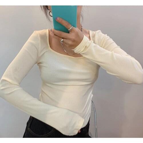 Womens ladies long-sleeved T-shirt with inner white slim knit bottoming shirt