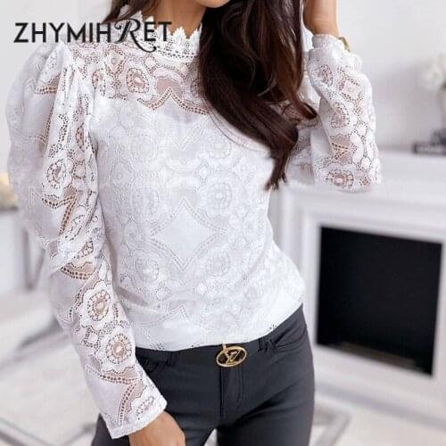 ZHYMIHRET White Lace Blouse Women Long Puff Sleeve Crew Neck Top Women Office Lady Shirt 2021 Summer See Through Blusas