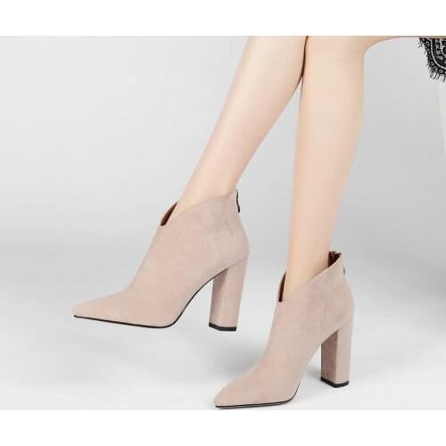 2021 Ladies Ankle Boots Suede Fashion Square High Heel Short Boots Female Pointed Zipper Large Size Spring Autumn Women Shoes