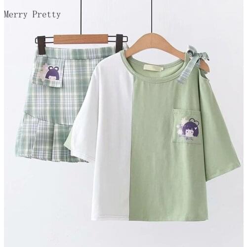 Two Piece Pants Set Women Cartoon Print Patchwork T Shirt And Hight Waist Plaid Mini Skirts Plus Size S-xl 2021 Summer Sets