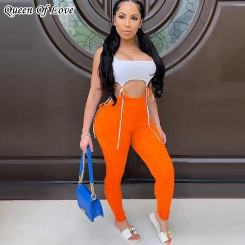 Bandage Fitness Fashion Women Matching Sets Sleeveless Solid Sporty Workout Two Piece Outfits Skinny Top And Pants Set