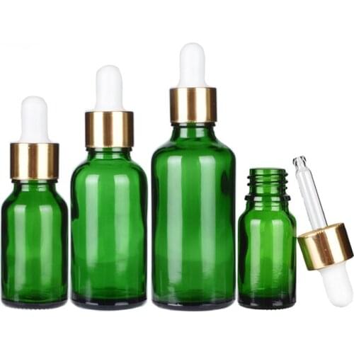 10pcs/lot 5ml to 100ml lab green round glass Refined oil bottle with glass droppers golden circle for school experiment