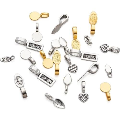 200pcs/box Tibetan Style Alloy Glue-On Flat Pad Pendant Bails Antique Silver & Golden Color Heart Leaf Flat Round Mix Shape