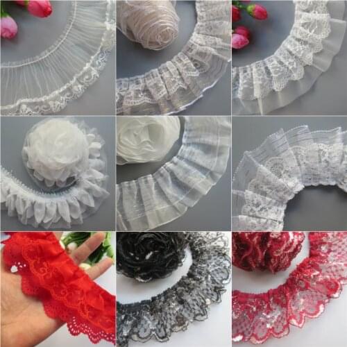 5yards Pleated Organza Lace Ruffle Trim Ribbon Gathered Trimming Mesh Fabric Handmade DIY Wedding Dress Sewing Craft Decoration