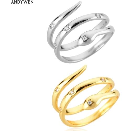 ANDYWEN 100% 925 Sterling Silver Gold Star Zircon CZ Snake Rings Small Size 6.7 Adjusable Rings Resizable Women Luxury Jewelry