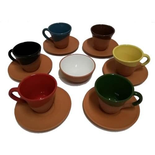 Avanos Ground Coffee Cup Pad 6 S + Saucer + Lokum Mixed Color Handmade Pottery Cup Set