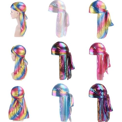 Sparkly Dazzling Colorful Silky Durags Turban Cap Headwear for Women Men Long Tail Headband Bandanas Head Scarf Accessories Gift