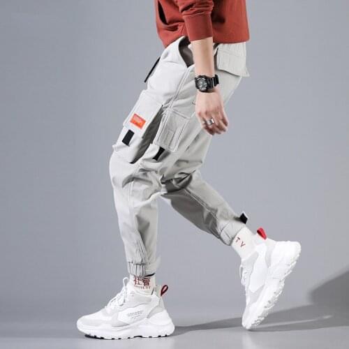 Hip Hip Cargo Pants Men Ankle-Length Pants Mens Joggers Streetwear Solid Color 2019 Spring Pocket Trousers for Male Grey HD034