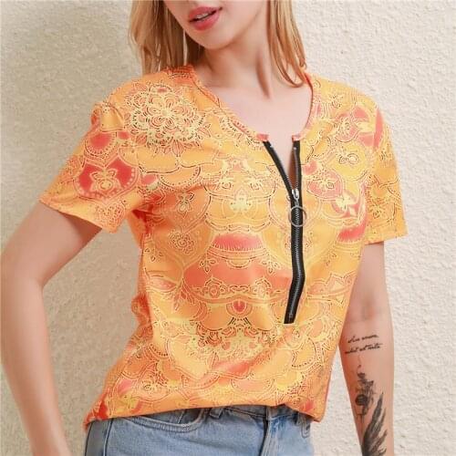 Print Deep V-Neck Top Tshirt Women Summer Retro Tees Casual Tee Tops Fashion Loose Zipper Short Sleeve T-shirts New Shirt