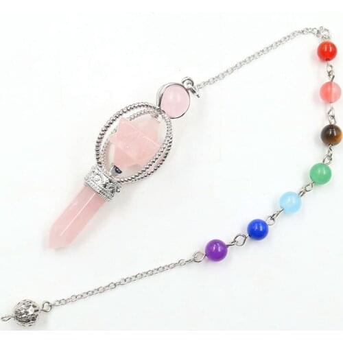 FYJS Unique Female Anniversary Jewelry Silver Plated Merkaba Natural Rose Pink Quartz Pendant with Chakra Chain