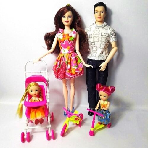 Girl Play House Toys Family 4 People Dolls Suits 1Mom/1Dad/2 Little Kelly Girl/1scooter/1 Carriage for Fashion Doll Toys gift