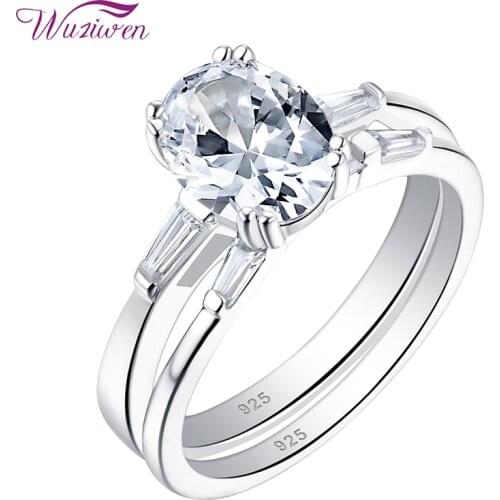 Wuziwen 2 Pieces 925 Sterling Silver Wedding Engagement Ring Set For Women Oval Shape AAAAA Cubic Zircons Bridal Jewelry Gift