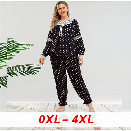 Lace Ruffle Pajamas Womens Sleepwear Suit Lace Long-Flare Sleeve Polka Dot Nightwear Sweet Lounge Top Pajamas Trousers Suit