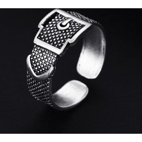 Trendy Vintage Belt Shape Antique Silver Plated Punk Hiphop Rock Style Resizable Rings for Women Girl & Man Retro Party Jewelry