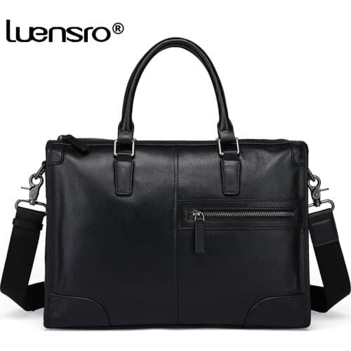 Men Genuine Leather Black Briefcase Business Handbag Big Tote Bags Male Shoulder Bag Mens Large Capacity Laptop Bag Travel Bags