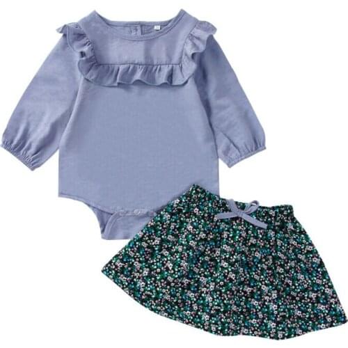 New Sweet Floral Costume Set Newborn Baby Girls Blue Blouses Long Sleeve Ruffle Tops Bodysuits+Flower Print Skirt Outfits Set