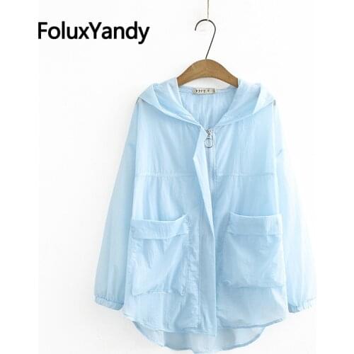 Thin Summer Trench Plus Size Women Outerwear Cool Transparent Casual Trench Hooded Coat KKFY4569