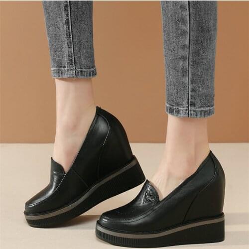 Shoes Women Slip On Genuine Leather Wedges High Heel Pumps Shoes Female Round Toe Chunky Platform Oxfords Shoes Casual Shoes