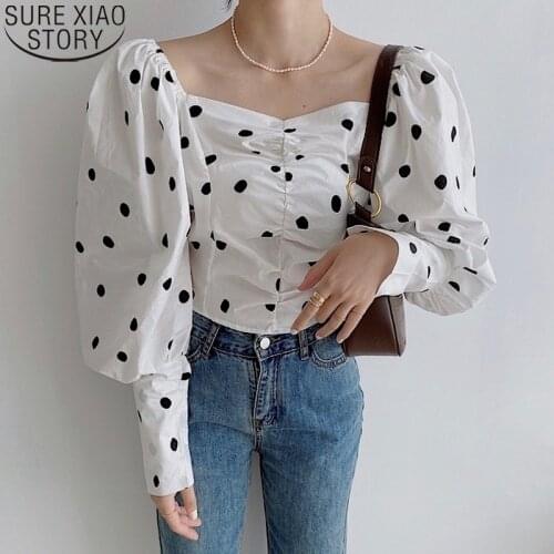 Vintage Blouse Casual Shirt Women Korean Fashion Polka Dot Long Puff Sleeve Blouses Spring Square Collar White Black Tops 14338