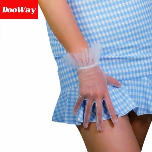 DooWay Women Short Lace Tulle Gloves for Wedding Party Touchscreen Semi Sheer Ruffle Trim White