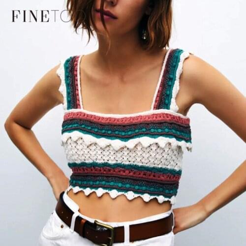 FINETOO Women Bohemian Cropped Knit Tank Tops Autumn Vintage Camisole Sexy Bare Belly Female Top Streetwear Casual Clothes S M L