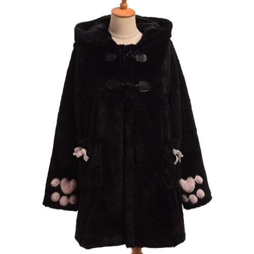 Women Cute Fluffy Hooded Cat Ears Coat Embroidered Tail Winter Warm Outwear Jacket