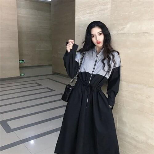 2020 antumn winter over knee length hoodies dress women casual loose patchwork long sleeve stand collar dress Korean top coat