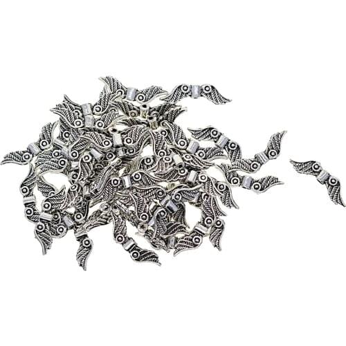 100 Pieces Wholesale 23x7mm Small Antique Silver color Tone Angel Wing Charm Beads Spacer Beads 1.5mm DIY Jewelry Findings