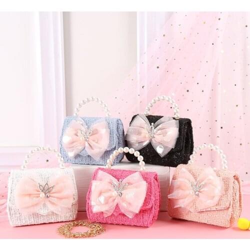 2021 Cute Baby Crown Shoulder Bag Simple Shiny Crystal Pack Kid Lace Bowknot Square Pocket Detachable Chain Pearl Handbag