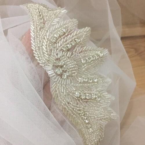 5 pieces Silver rhinestone beaded iron on applique for bridal garter, wedding sash belt