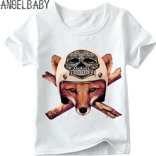 Children Fox Biker Print Funny T-shirt Boys and Girls Summer Retro Skull Head Design Tops Kid Soft White T-shirt,ooo2065