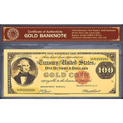 USD One Hundred Dollars 24K Gold 999999 Coin Banknote US Gold Foil Fake Paper Money Collection 1882 usd 100