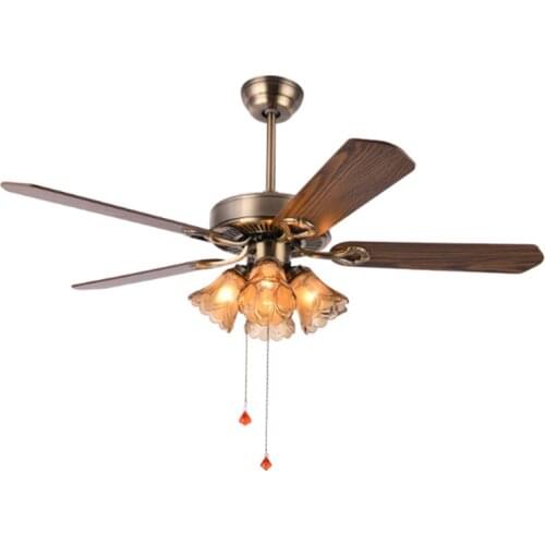 European retro bronze iron ceiling fan light dining room can be illuminated 4 amber glass LED E27 lighting wood leaf fan light