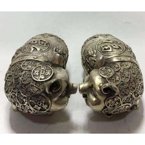 Chinese Tibet silver hand-carved brass money pig A pair