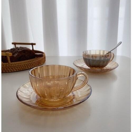 Creative Modern Heat Resistant Glass Coffee Cup with Saucer Set Fashion Vintage Champagne Pumpkin Afternoon Tea Cup Drinkware