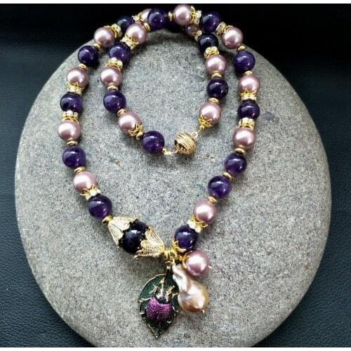 YYGEM 22" 14MM Round Amethyst Sea Shell Pearl Nucleated Flameball Baroque Pearl choker Necklace Cz Pave Bee Pendant