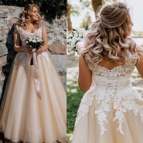 New Illusion Cap Sleeves Lace A-Line Wedding Dresses Champagne Tulle Applique Bridal Formal Gowns Corset Back Wedding Gowns