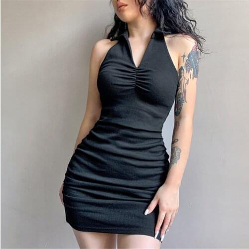 Summer Women Sexy Sleeveless Neck-Mounted Bodycon Mini Dress Fashion Black Solid Color V-Neck High Waist Ruched Pleated Dress