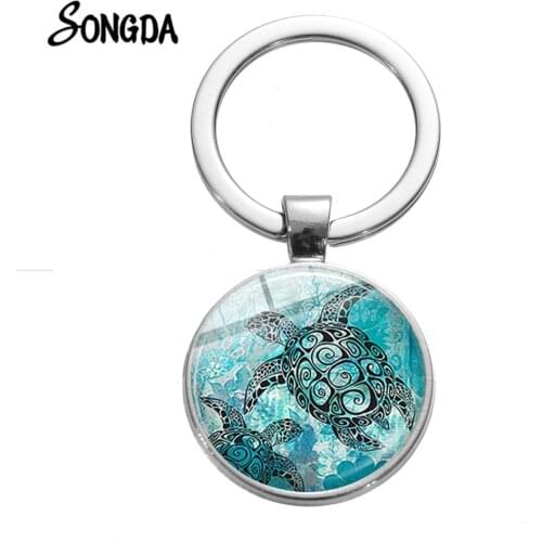 Sea Turtle Starfish Ocean Theme Keychain Charm Animal Jewelry Glass Crystal Key Ring Holder for Men Women Seaside Holiday