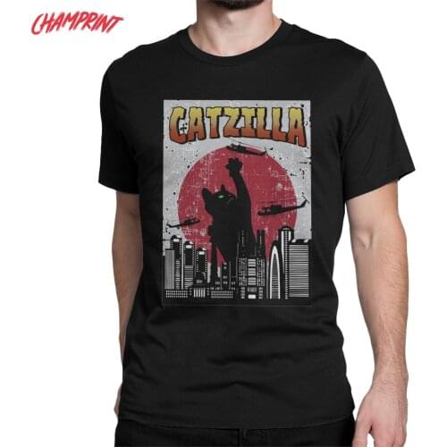 Catzilla T-Shirts for Men Japanese Cat Kitten Lover Vintage Cotton Tees Crew Neck Short Sleeve T Shirts Summer Tops