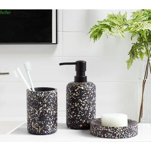 Bathroom Accessories Sets Black terrazzo Resin Toothbrush Holder Soap Dispenser Pump BottleToothpaste Dispenser Soap Dish