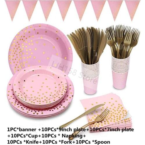 A Set Packing Party Disposable Cutlery Tableware Set Gold Dot Paper Plates Cups Napking Tower Dishes Tray For Picnic