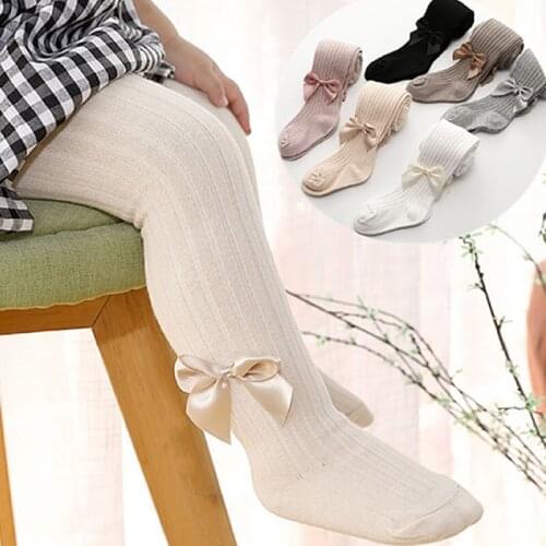 Autumn New Korean Style Cotton Knitted Bow Tight Girl Vertical Stripe Pantyhose Girl Kids Stockings Princess Bowknet Tights