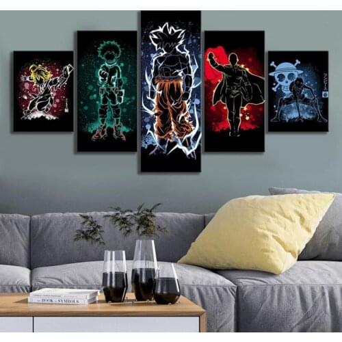 5 Pcs Canvas Wall Art Paintings Anime Posters DBZ My Boku No Hero Academia One Piece Bedroom Home Decoration