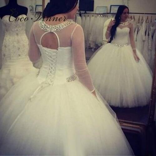 Crystal Beaded Simple Tulle Wedding Dress Africa New Pure White Plus Size 3/4 Sleeves Ball Gown Bride Dress Women W0214