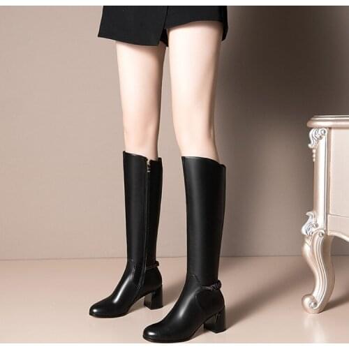 PXELENA 2021 Winter Brand New Riding Knight Natural Genuine Leather Knee High Boots Women Block Heels Shoes Lady Plus Size 34-43