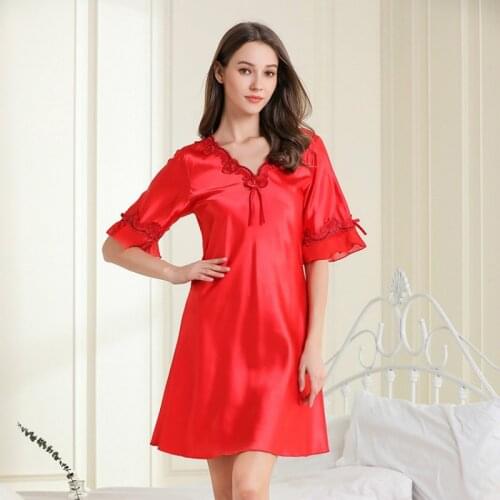 Spring and Summer Imitation Silk Womens Nightdress V-neck Sexy Short-sleeved Nightdress Home Service Sexy Sleepwear Sleep Wear