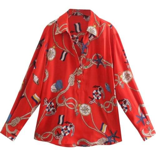 Za Fashion 2021 Women Vintage Geometric Print Loose Shirts Spring Long Sleeve Chic Red Blouse Streetwear Mujer Tops