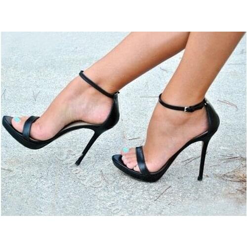 Rome Style Woman Buckle High-heeled Sandals Black Leather Ankle Strap Summer Dress Shoes Sexy Gladiator Sandals Big Size 10